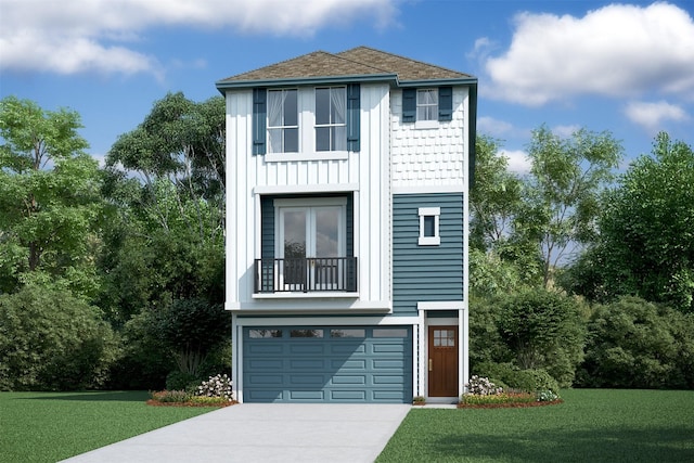 view of front of property with a front yard and a garage