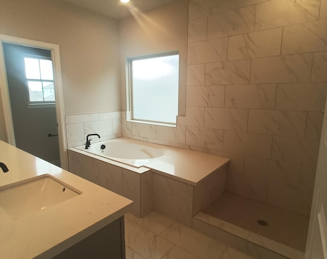 bathroom with vanity and plus walk in shower