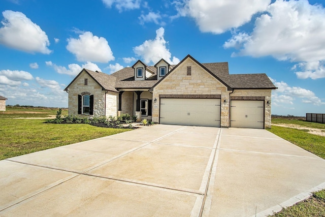 french provincial home with a front yard and a garage