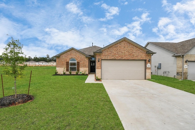 ranch-style home with a front yard and a garage