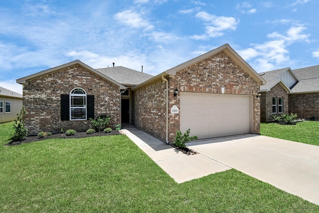 ranch-style house with a garage and a front yard