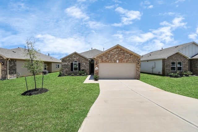 single story home featuring a garage, a front yard, and central AC