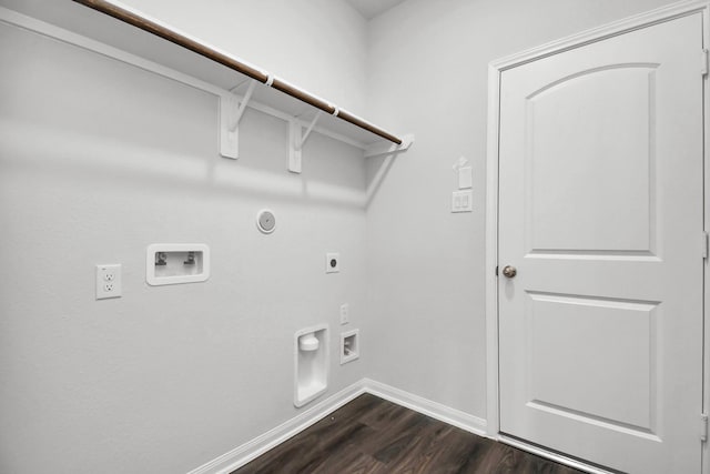 clothes washing area with hookup for an electric dryer, gas dryer hookup, dark hardwood / wood-style flooring, and washer hookup