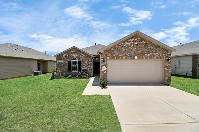 ranch-style house with cooling unit, a garage, and a front lawn