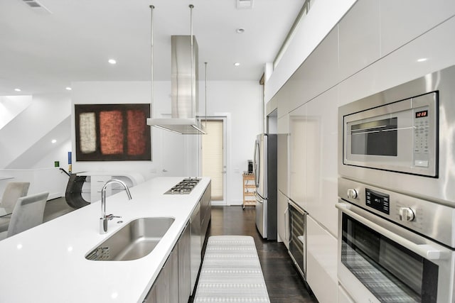 kitchen with dark wood-type flooring, ventilation hood, sink, appliances with stainless steel finishes, and decorative light fixtures