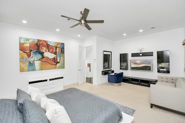 interior space with light carpet and ceiling fan