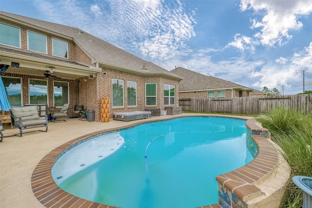 view of swimming pool featuring a patio area and ceiling fan