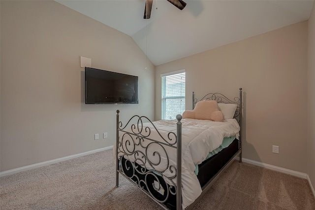 bedroom featuring carpet flooring, ceiling fan, and lofted ceiling