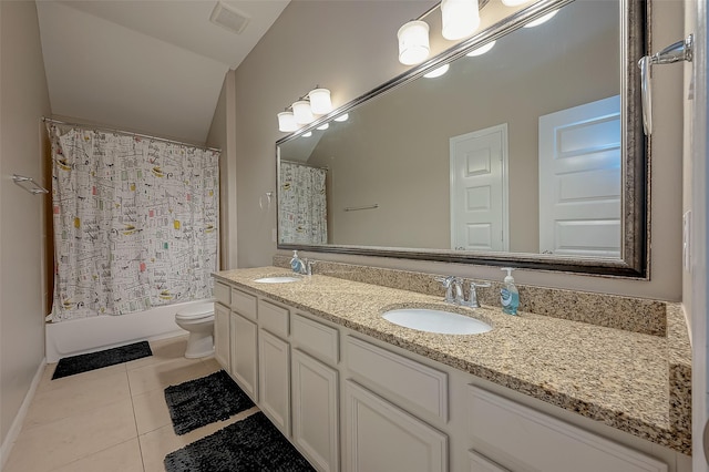 full bathroom featuring tile patterned floors, lofted ceiling, toilet, vanity, and shower / tub combo