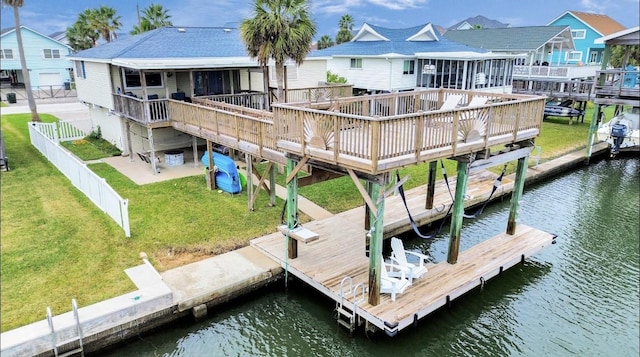 dock area with a lawn and a deck with water view