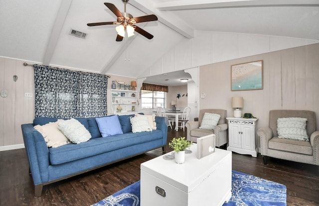 living room with lofted ceiling with beams, wooden walls, ceiling fan, and dark wood-type flooring