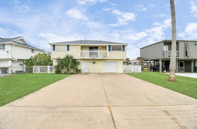 view of front of house with a balcony, a front yard, and a garage