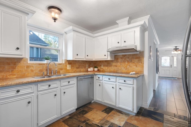 kitchen with white cabinets, appliances with stainless steel finishes, a sink, under cabinet range hood, and backsplash