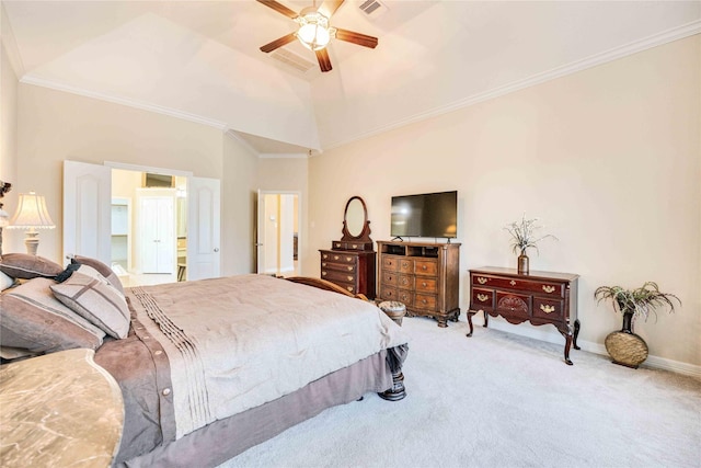 bedroom with carpet, ceiling fan, ornamental molding, and high vaulted ceiling