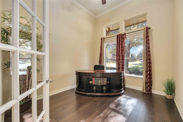 office area featuring dark hardwood / wood-style flooring and ornamental molding