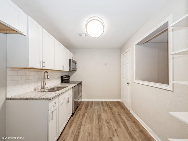 kitchen featuring decorative backsplash, appliances with stainless steel finishes, sink, light hardwood / wood-style floors, and white cabinetry