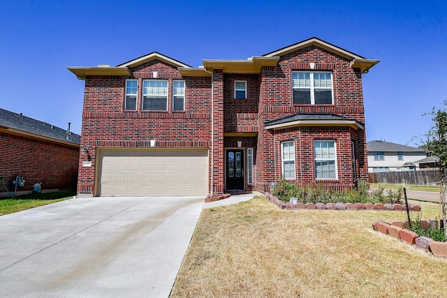 view of property with a garage and a front lawn