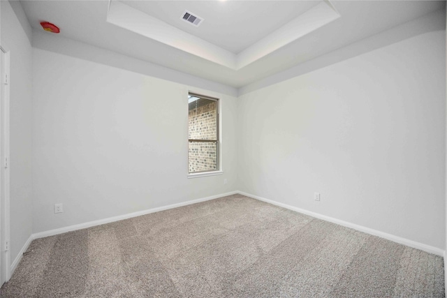 carpeted empty room with a raised ceiling