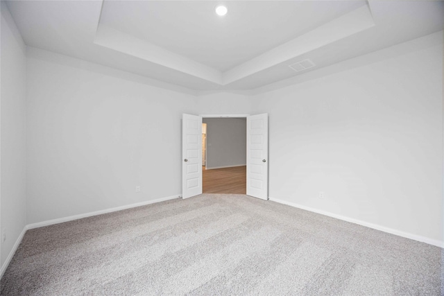 carpeted spare room featuring a raised ceiling