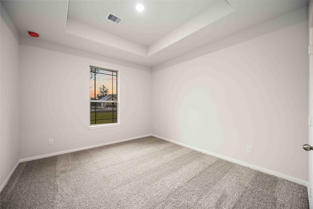 carpeted empty room featuring a raised ceiling