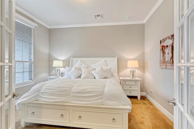 bedroom featuring light carpet and crown molding