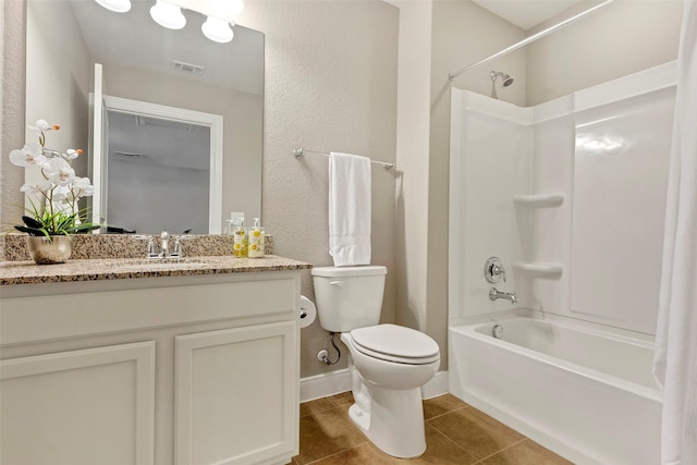 full bathroom featuring vanity, tile patterned flooring, shower / bathtub combination with curtain, and toilet