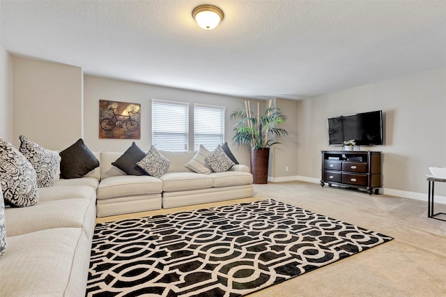 living room with light colored carpet and a textured ceiling