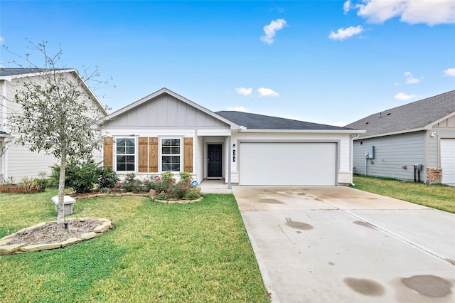 ranch-style house with a front yard and a garage