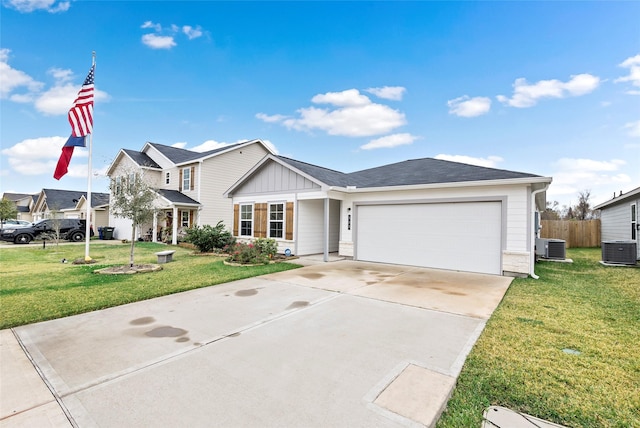 ranch-style house with a front yard, central AC, and a garage