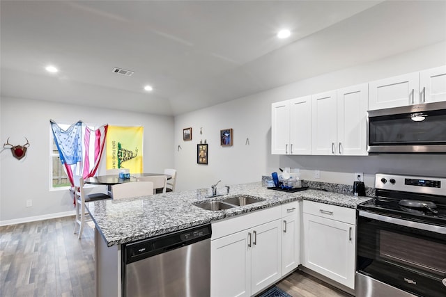 kitchen featuring kitchen peninsula, appliances with stainless steel finishes, sink, white cabinets, and dark hardwood / wood-style floors