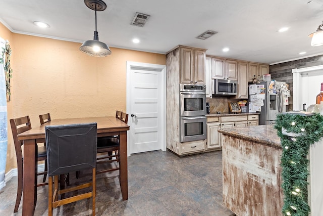 kitchen with light brown cabinets, crown molding, pendant lighting, decorative backsplash, and appliances with stainless steel finishes