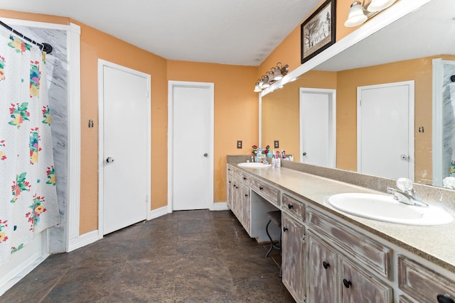 bathroom with vanity and shower / bath combo with shower curtain