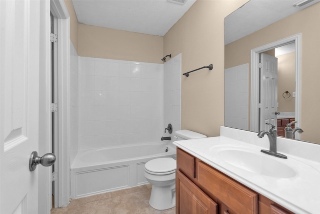 full bathroom featuring washtub / shower combination, vanity, toilet, and tile patterned flooring