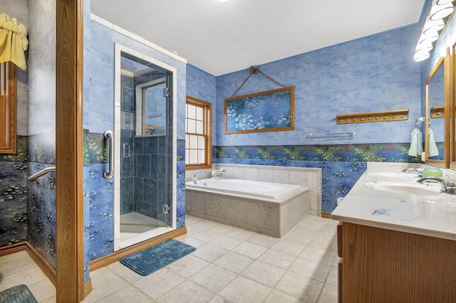 bathroom featuring tile patterned floors, plus walk in shower, and vanity