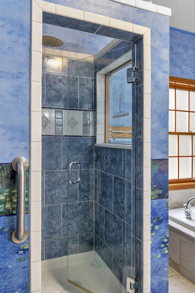 bathroom with plus walk in shower and tile patterned floors