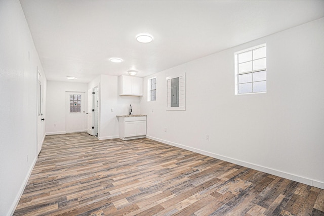 basement featuring hardwood / wood-style floors, sink, and electric panel