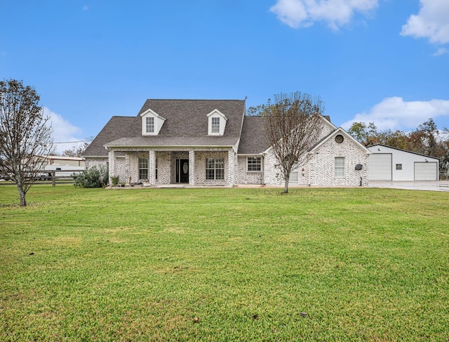 cape cod house featuring covered porch and a front yard