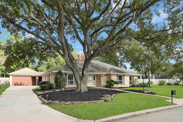 single story home featuring a front yard and a garage