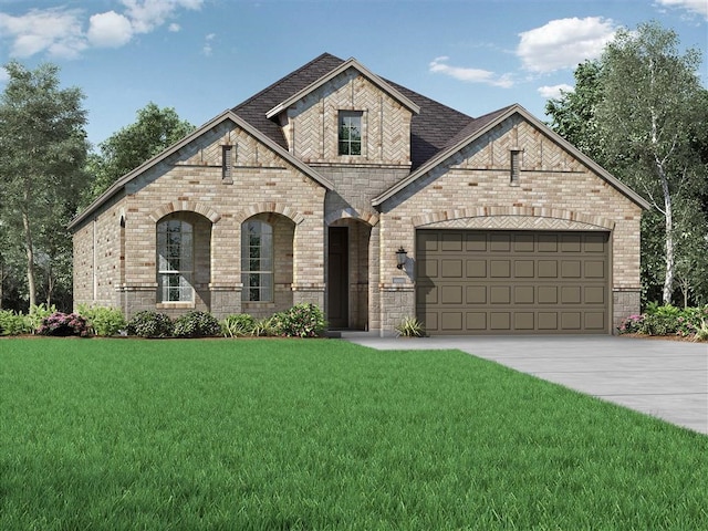 french provincial home with a front yard and a garage