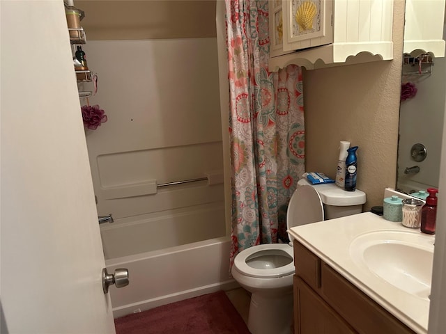 full bathroom featuring shower / tub combo, vanity, and toilet