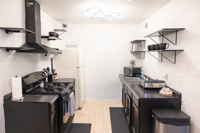 kitchen with backsplash, black gas range oven, ventilation hood, sink, and light tile patterned flooring