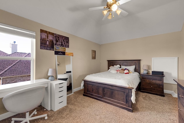 bedroom featuring light colored carpet, ceiling fan, and lofted ceiling