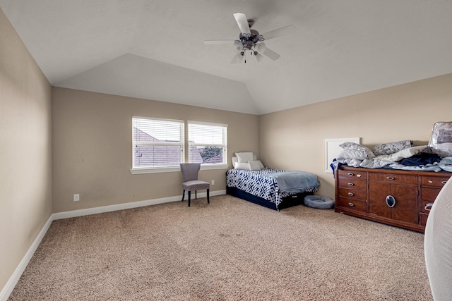 bedroom featuring light carpet, ceiling fan, and lofted ceiling