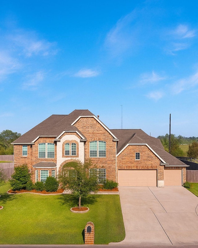 11411 Kings Point Blvd, Mont Belvieu, TX 77535 - traditional home with an attached garage, concrete driveway, brick siding, and roof with shingles