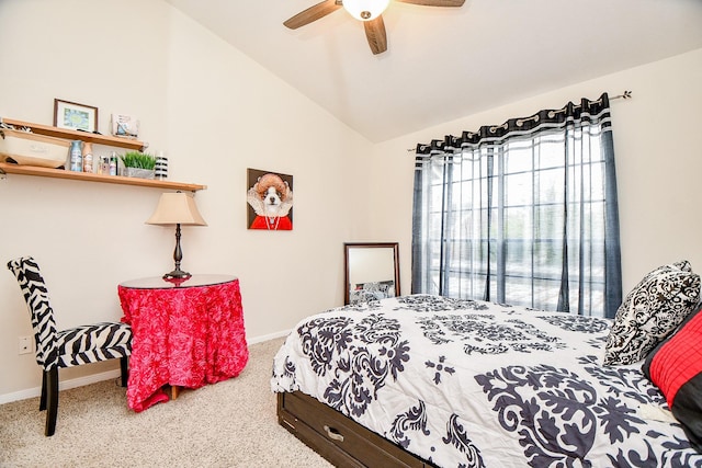 bedroom featuring carpet flooring, ceiling fan, and lofted ceiling