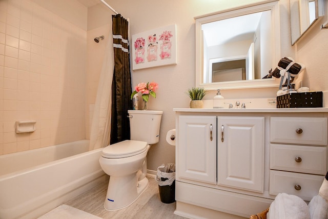 full bathroom featuring shower / bath combination with curtain, vanity, toilet, and wood-type flooring