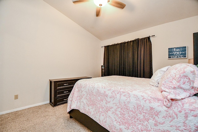 bedroom featuring light colored carpet, ceiling fan, and lofted ceiling