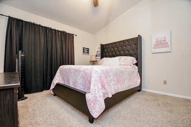 bedroom with carpet floors, ceiling fan, and lofted ceiling