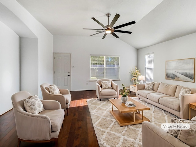 living room with dark hardwood / wood-style flooring, vaulted ceiling, and ceiling fan