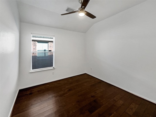 unfurnished room with dark wood-type flooring, ceiling fan, and lofted ceiling